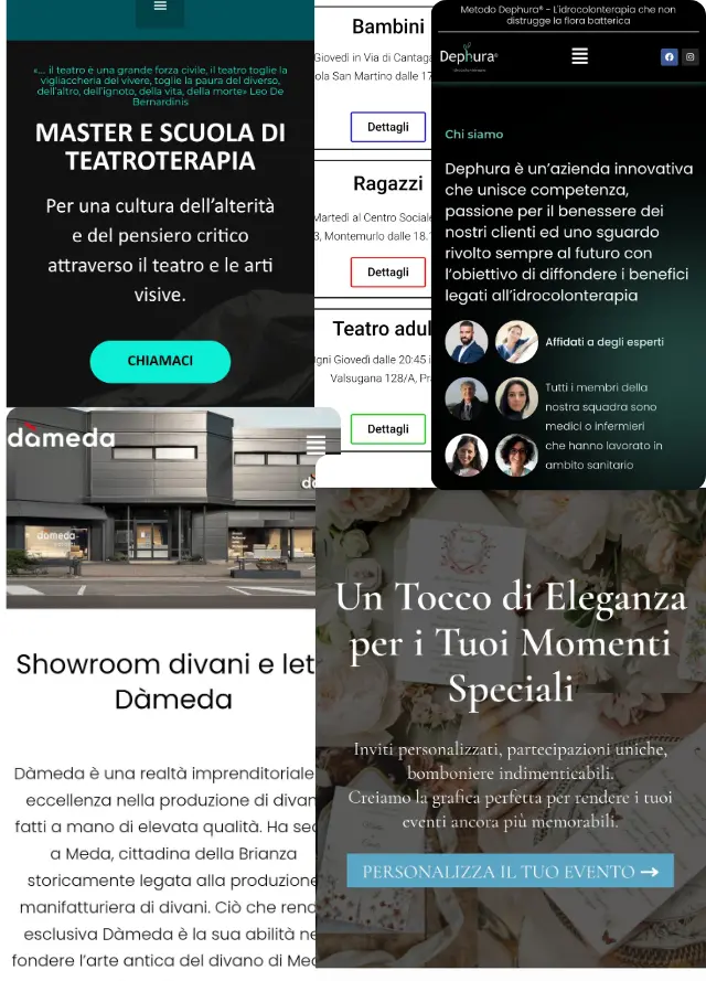Collage di anteprime di siti web personalizzati realizzati senza template predefiniti
