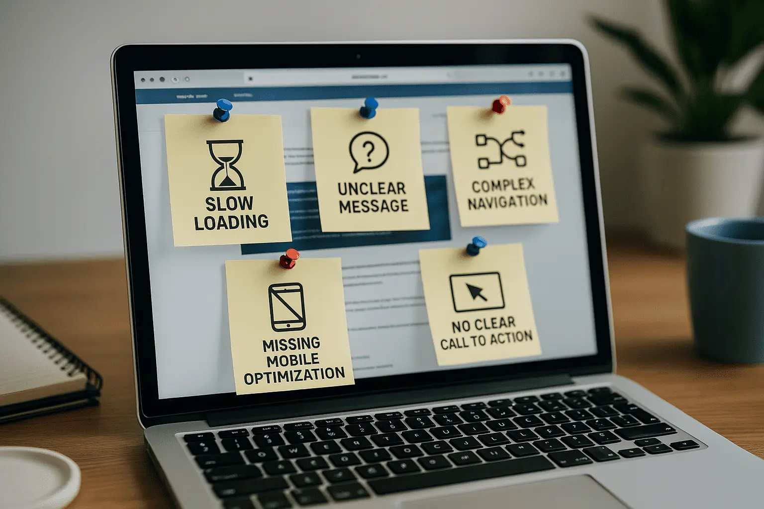 Cinque post-it gialli appuntati su una bacheca in sughero, a simboleggiare i principali errori da evitare in un sito web